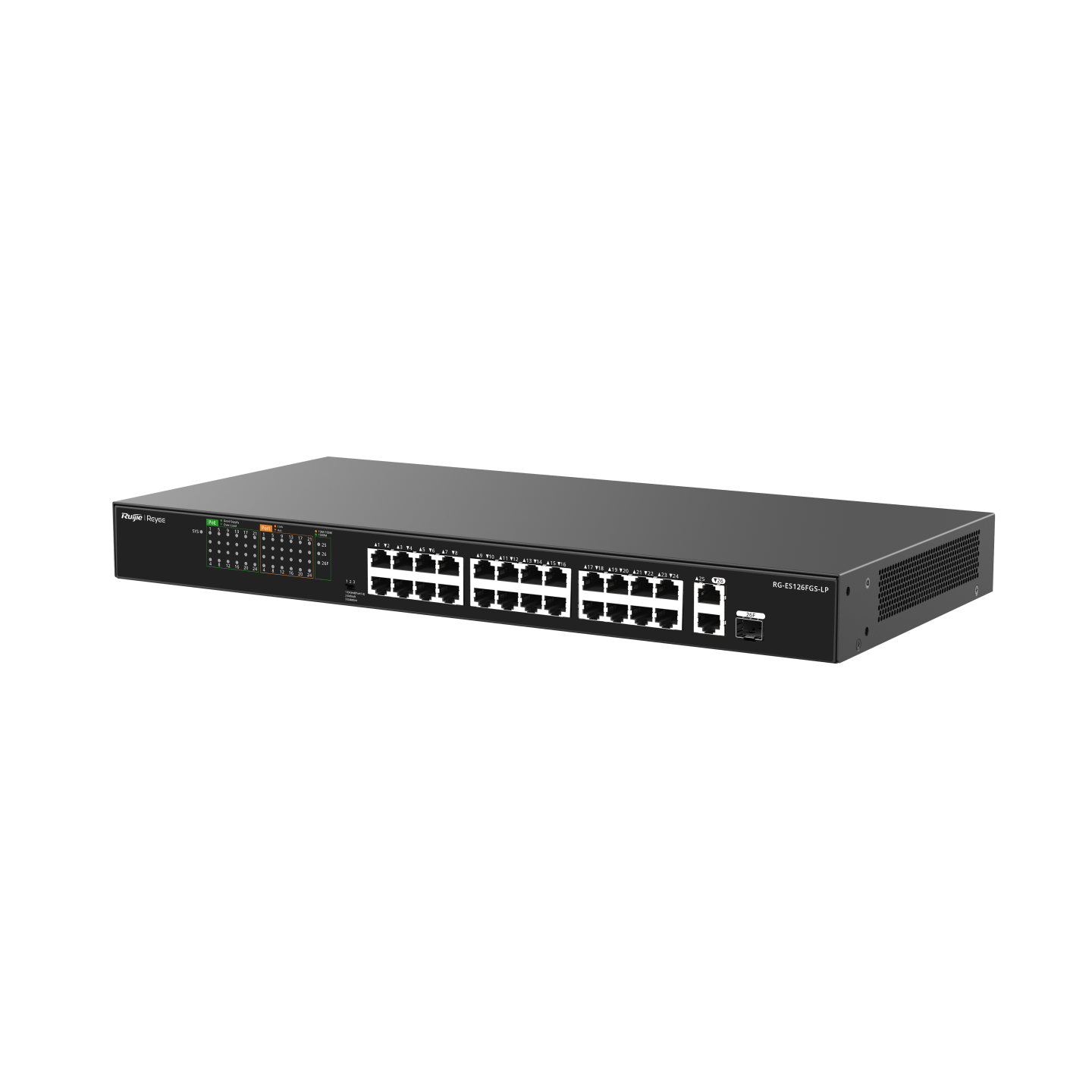 Ruijie Reyee RG-ES126FGS-LP 26-Port Unmanaged PoE Switch | 24 PoE+ Ports | 2 Gigabit Uplink Ports | 1 SFP Combo Port | 180W PoE Budget