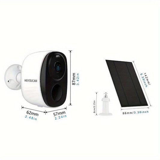 Outdoor solar security camera, white and black with solar panel mount, side view