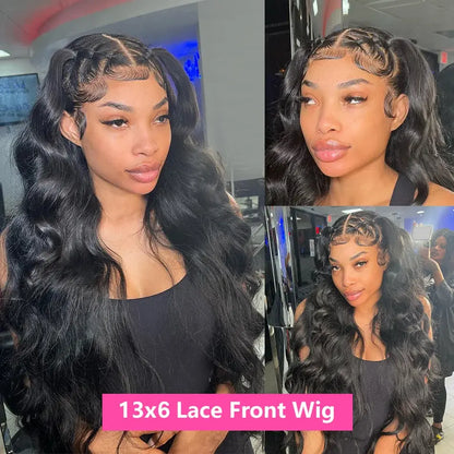 Black long loose-wave lace-front human hair wig, center part, styled volume