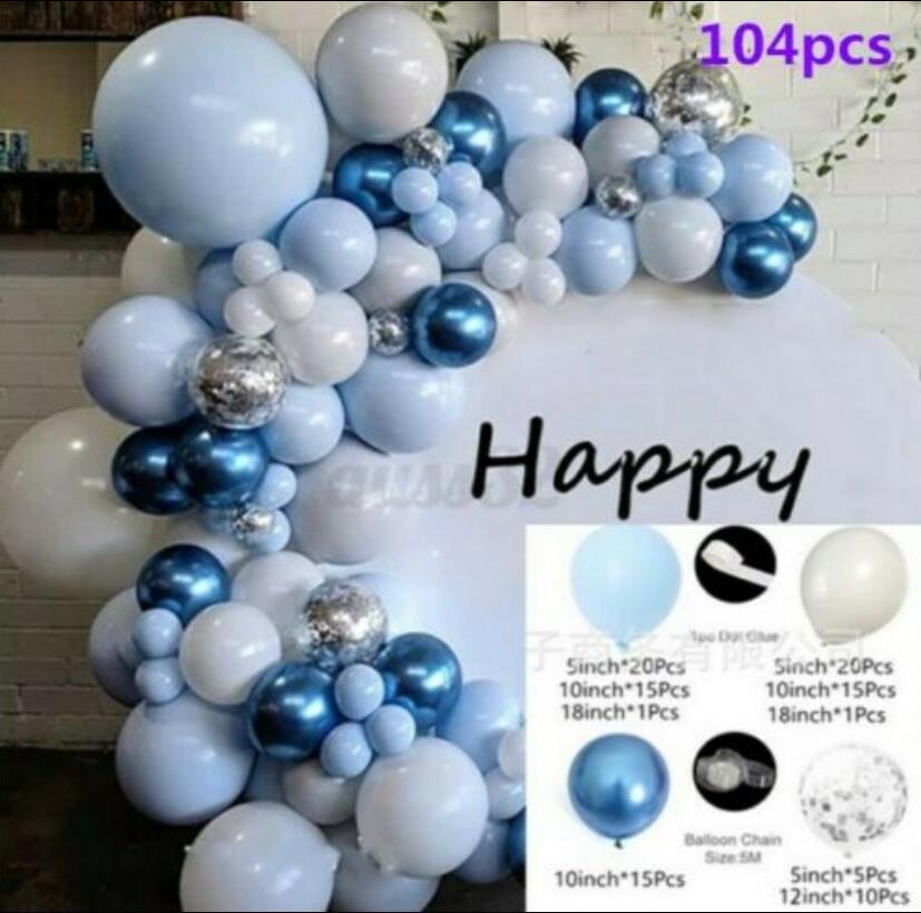 Blue balloon garland arch with metallic silver accents and large round filler balloons