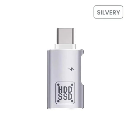 Silver USB-C OTG adapter with HDD SSD label and top USB-C male plug