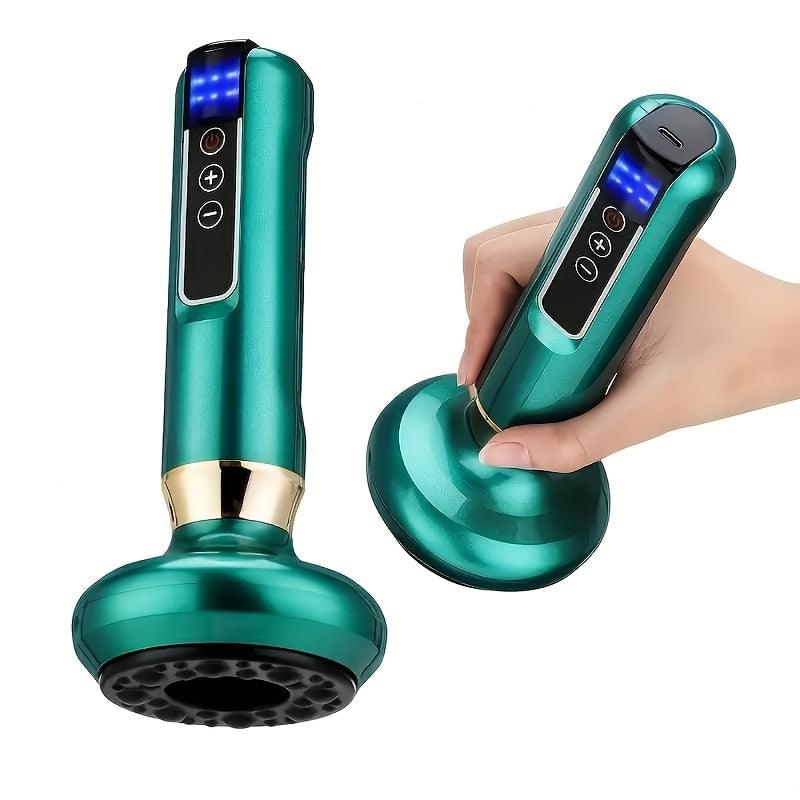 Teal USB rechargeable gua sha massager with suction head, LED panel, and 6 speeds