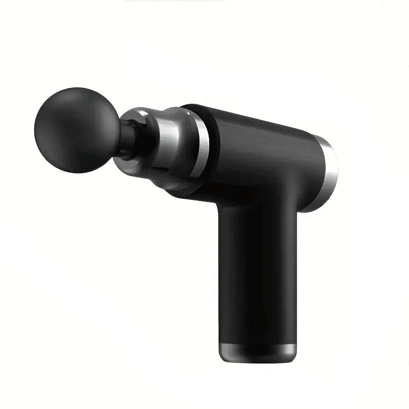 Black mini massage gun with round ball head attachment for muscle massage