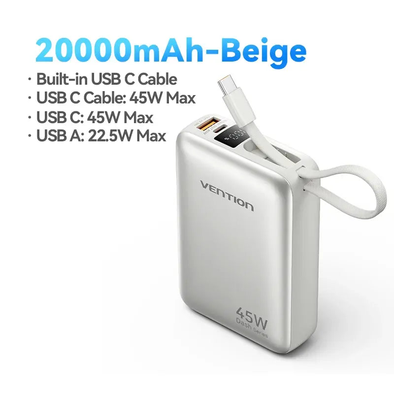 Beige power bank with built-in USB-C cable and wrist strap, angled side view.