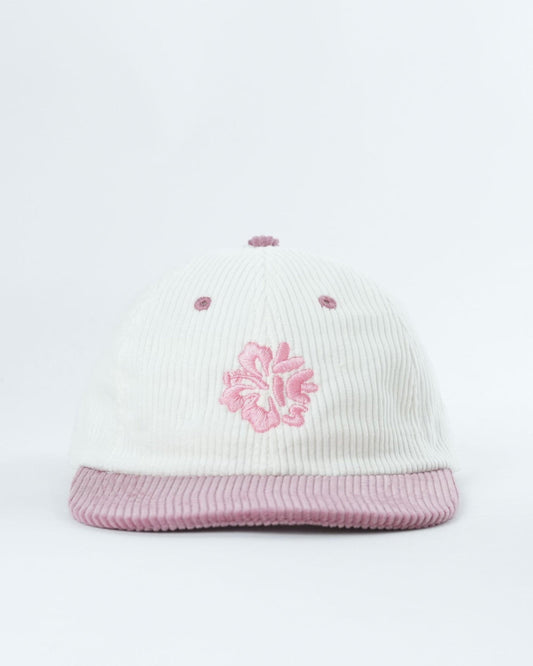 Cream knit beanie hat with pink floral embroidery and ribbed pink brim