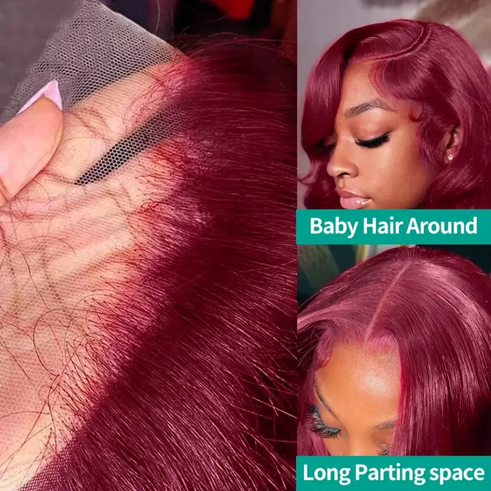 Burgundy lace front wig close-up with baby hair around the hairline