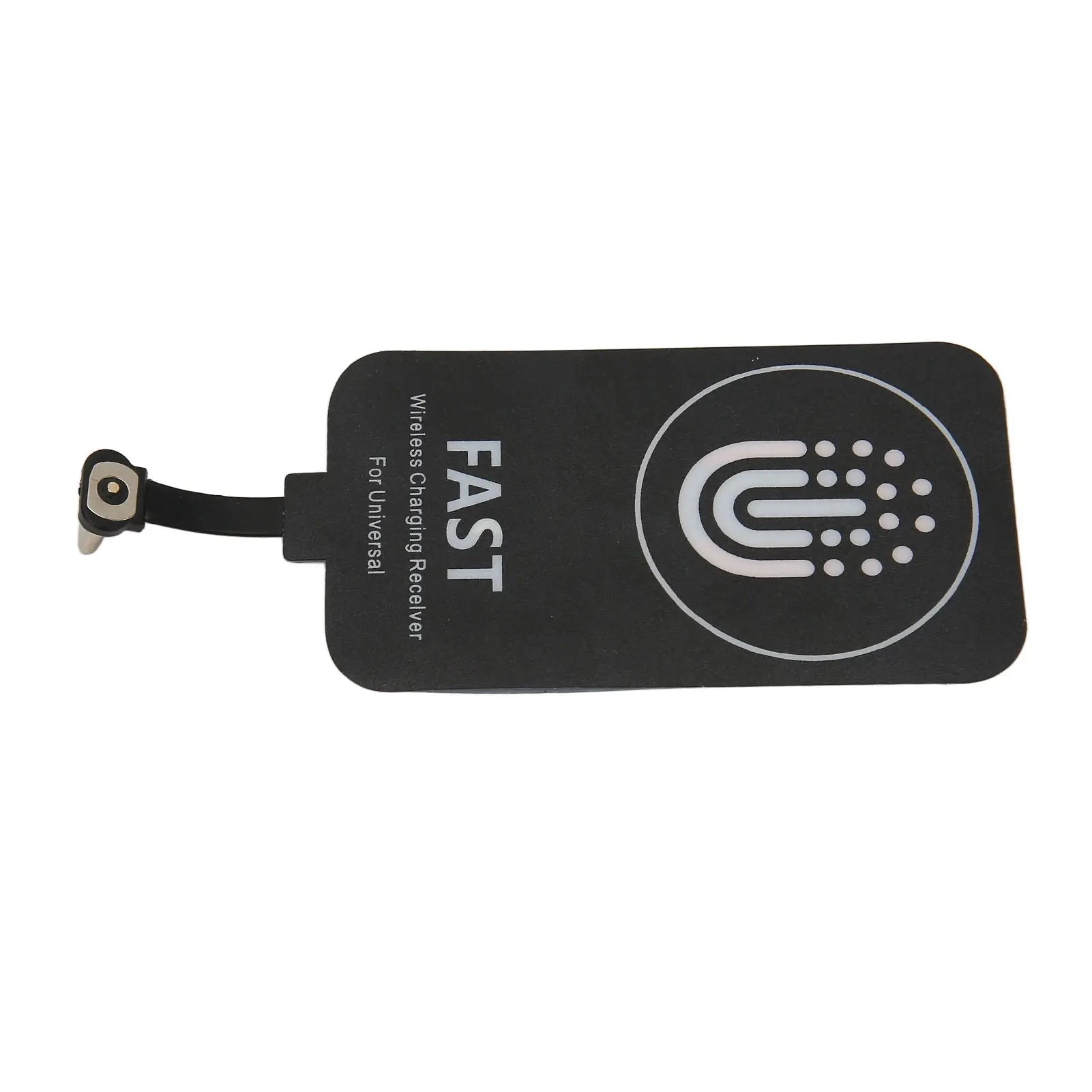 Black thin wireless charging receiver patch with mounting pin and wired connector