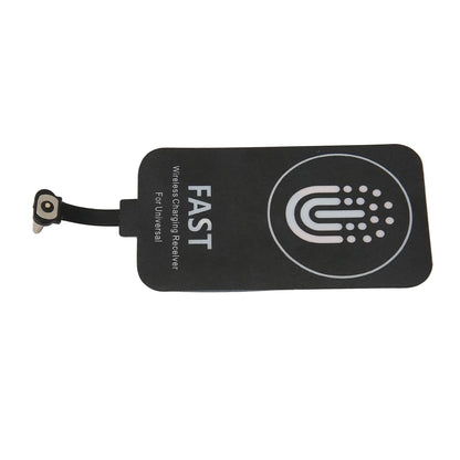Black thin wireless charging receiver patch with mounting pin and wired connector