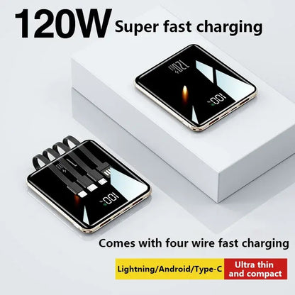 Mini power bank with LED display and built-in charging connectors, black with gold trim