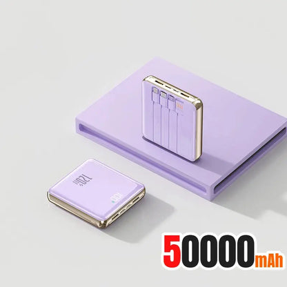 Purple mini power bank with built-in cable ports, 50000 mAh
