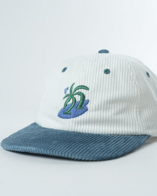 White ribbed surf cap with blue brim and embroidered palm logo