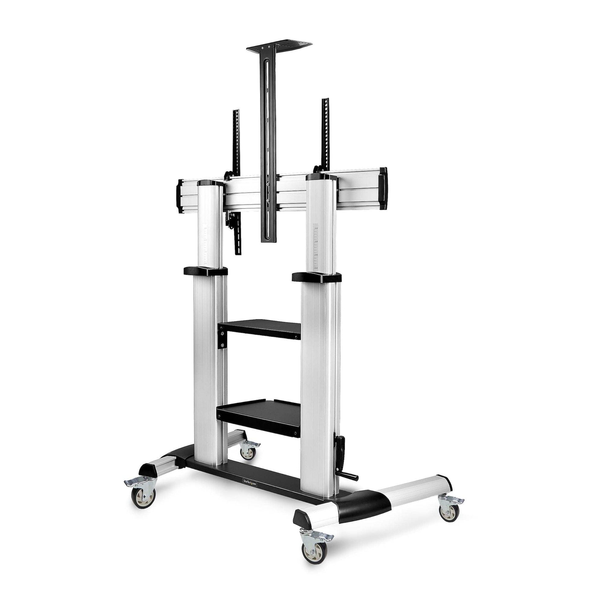 Silver TV stand cart with two vertical posts, center shelf, and caster wheels