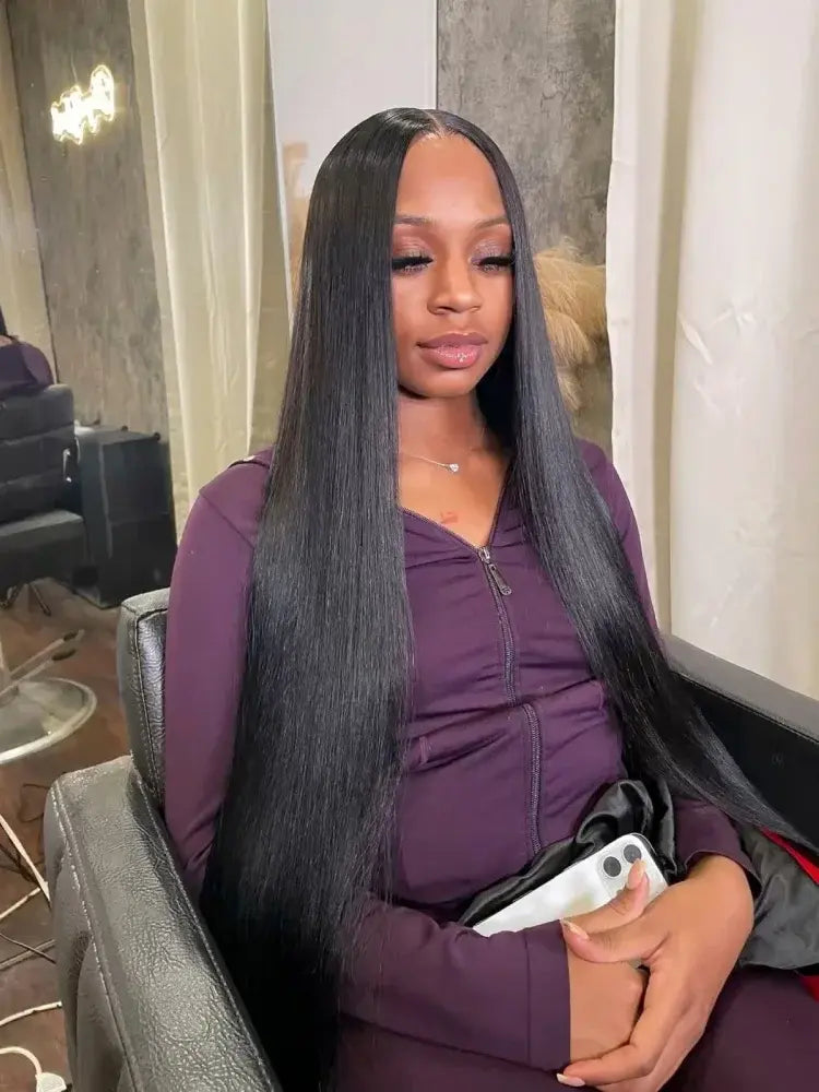 Black straight human hair wig with center part, long smooth hair texture