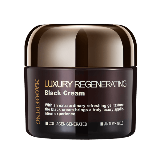 Black luxury regenerating cream jar with gold label and screw-top lid