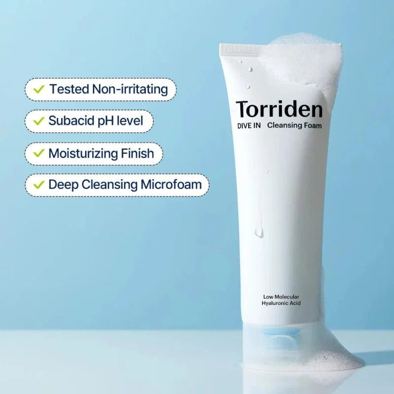 Torriden Dive In cleansing foam tube standing upright, white with blue low molecular label