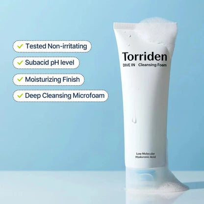 Torriden Dive In cleansing foam tube standing upright, white with blue low molecular label