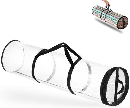 Round transparent wrapping paper storage bag with black straps and two side carrying handles