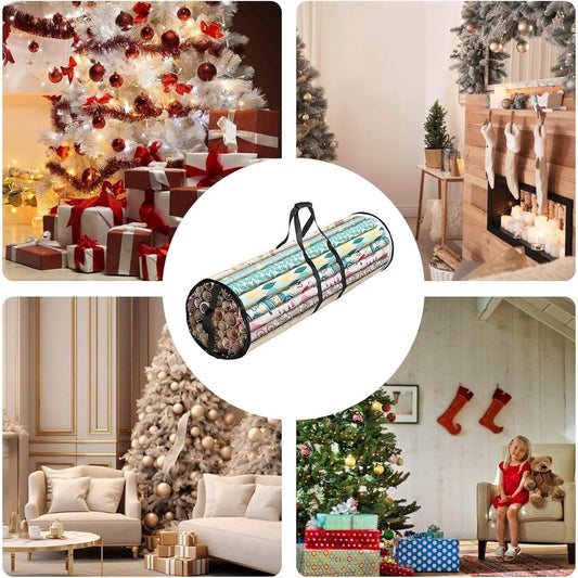 Round wrapping paper storage bag with black strap handles for rolled gift wrap storage
