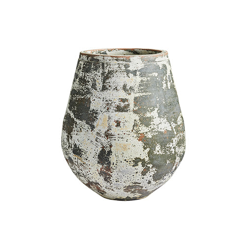Speckled ceramic planter pot, rounded shape with gray-green textured glaze