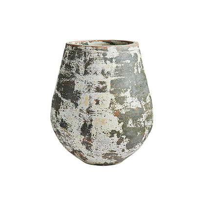 Speckled ceramic planter pot, rounded shape with gray-green textured glaze