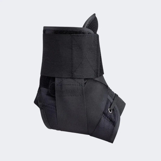 Ankle brace, black fabric wrap with perforated panels and adjustable strap