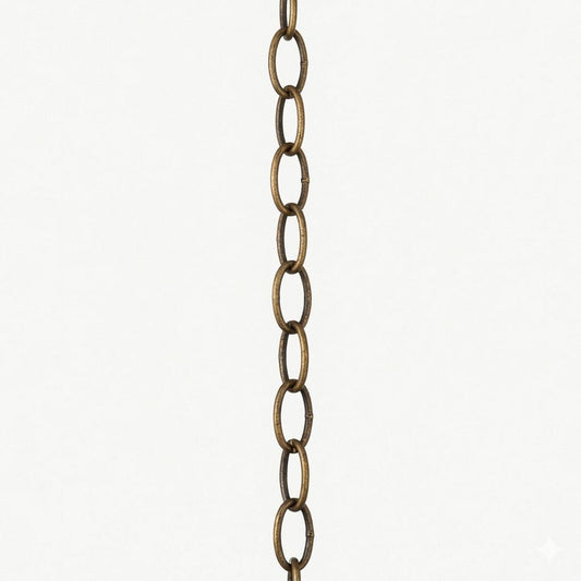 Antique brass chain extension with carabiner, oval links hanging vertically