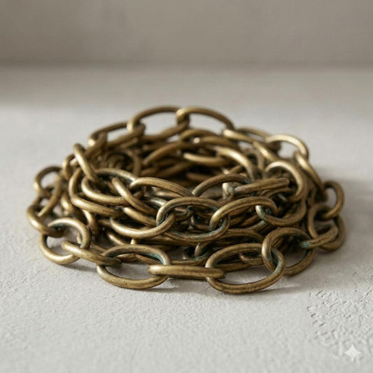 Antique brass chain extension, coiled oval links with carabiner