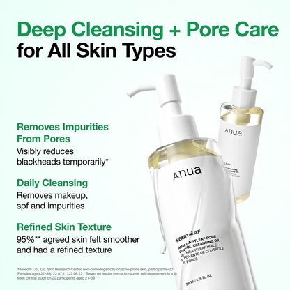Anua cleansing oil bottles with white pumps, light yellow oil in view