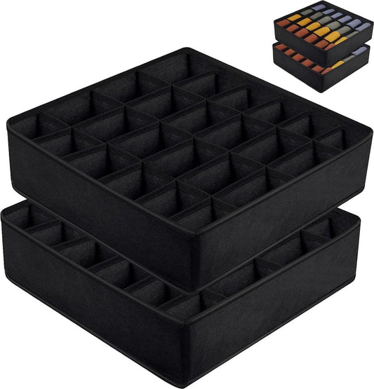 Collapsible underwear organizer bin with 24 fabric compartments, black