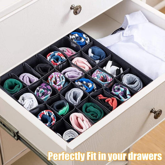 Underwear storage drawer organizer with fabric grid compartments, holding socks and bras
