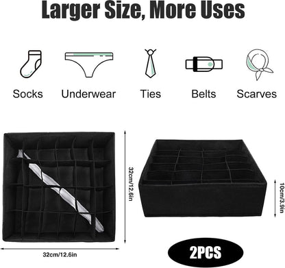 Underwear Storage Boxes - 2 Pieces - 24 Compartments - Drawer Organizer - Bra Organizer - Sock Organizer - Collapsible Storage Box - Underwear Divider - For Wardrobe - Foldable - For Underwear, Bras, Socks, Lingerie, Scarves - In Closet or Drawer