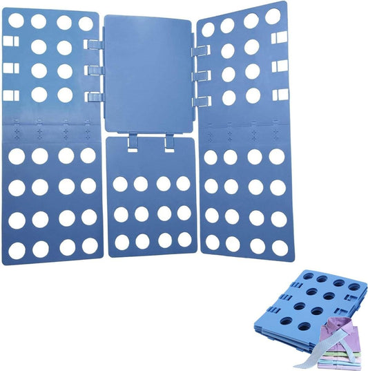 Blue clothes folding board with circular hole guides and hinged panels
