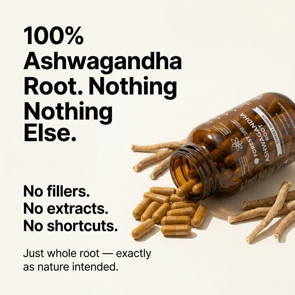 Ashwagandha root supplement bottle with dried roots and a few capsules