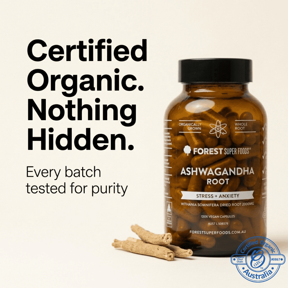 Ashwagandha root supplement bottle with dried roots and capsules beside it