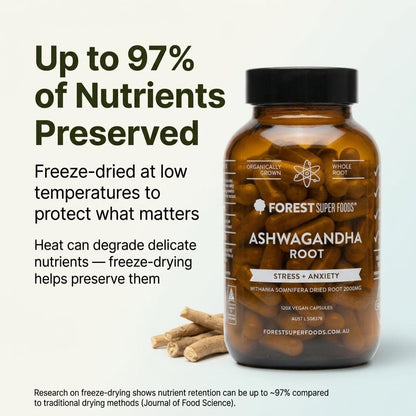 Ashwagandha root supplement bottle with dried roots near the base