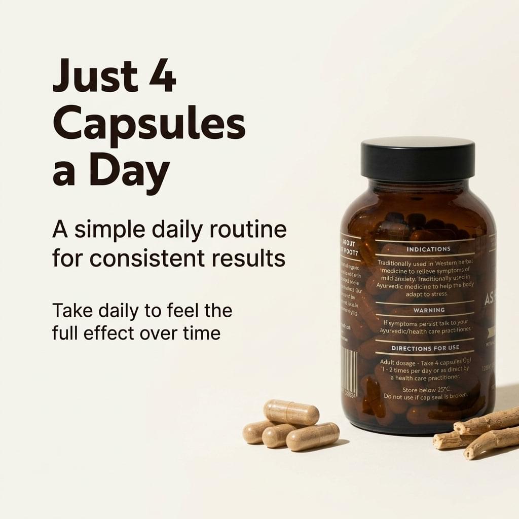 Ashwagandha root supplement bottle with capsules and dried root pieces