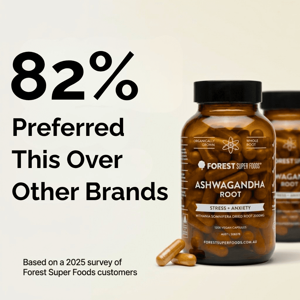 Ashwagandha root supplement bottle with capsules in front