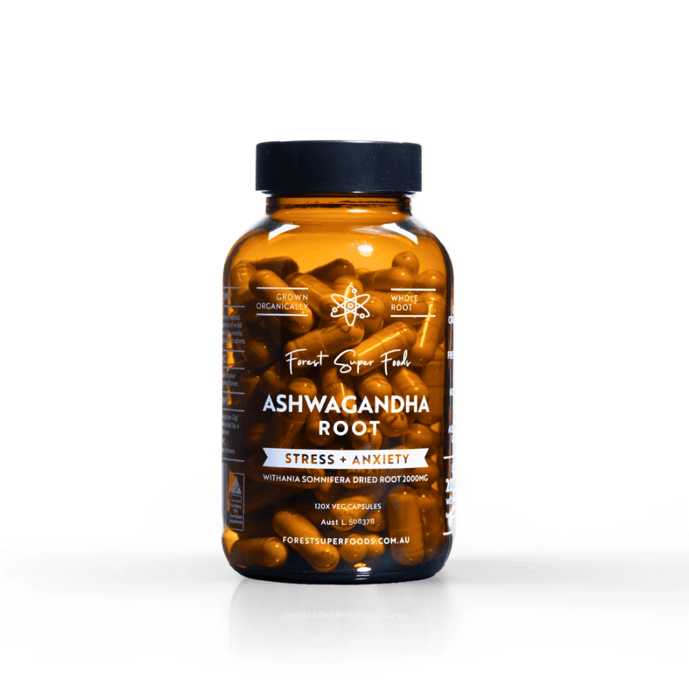 Ashwagandha root supplement bottle, amber jar with black cap