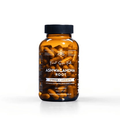 Ashwagandha root supplement bottle, amber jar with black cap