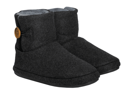 Charcoal felt ankle slippers with round logo buttons and cushioned sole