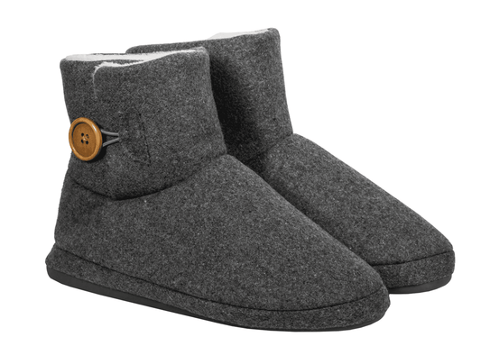 Dark gray felt arch-support slippers with cuff and wood-tone button