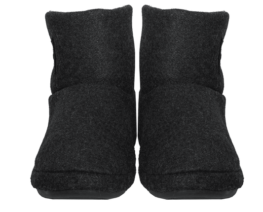 Dark felt ankle slippers, back view with padded heel and cuff