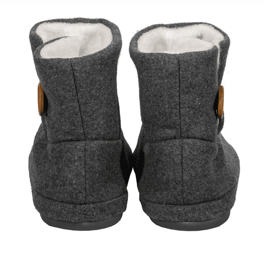 Dark gray arch-support slippers pair with tan button and fuzzy lining