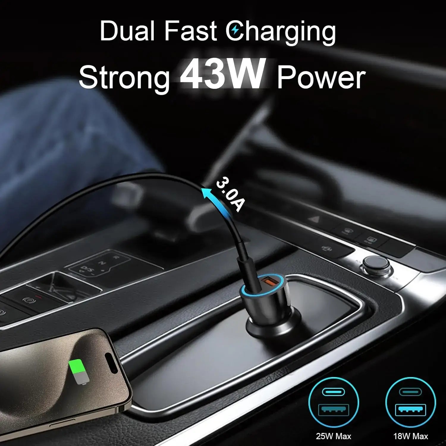 Black dual-port car charger with cable plugged into 12V car socket