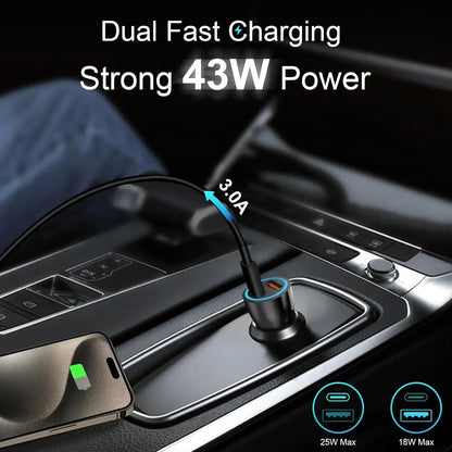 Black dual-port car charger with cable plugged into 12V car socket