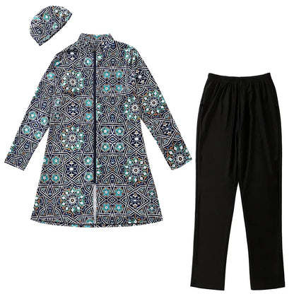 Patterned swim tunic with full zipper and matching headscarf, shown with black leggings