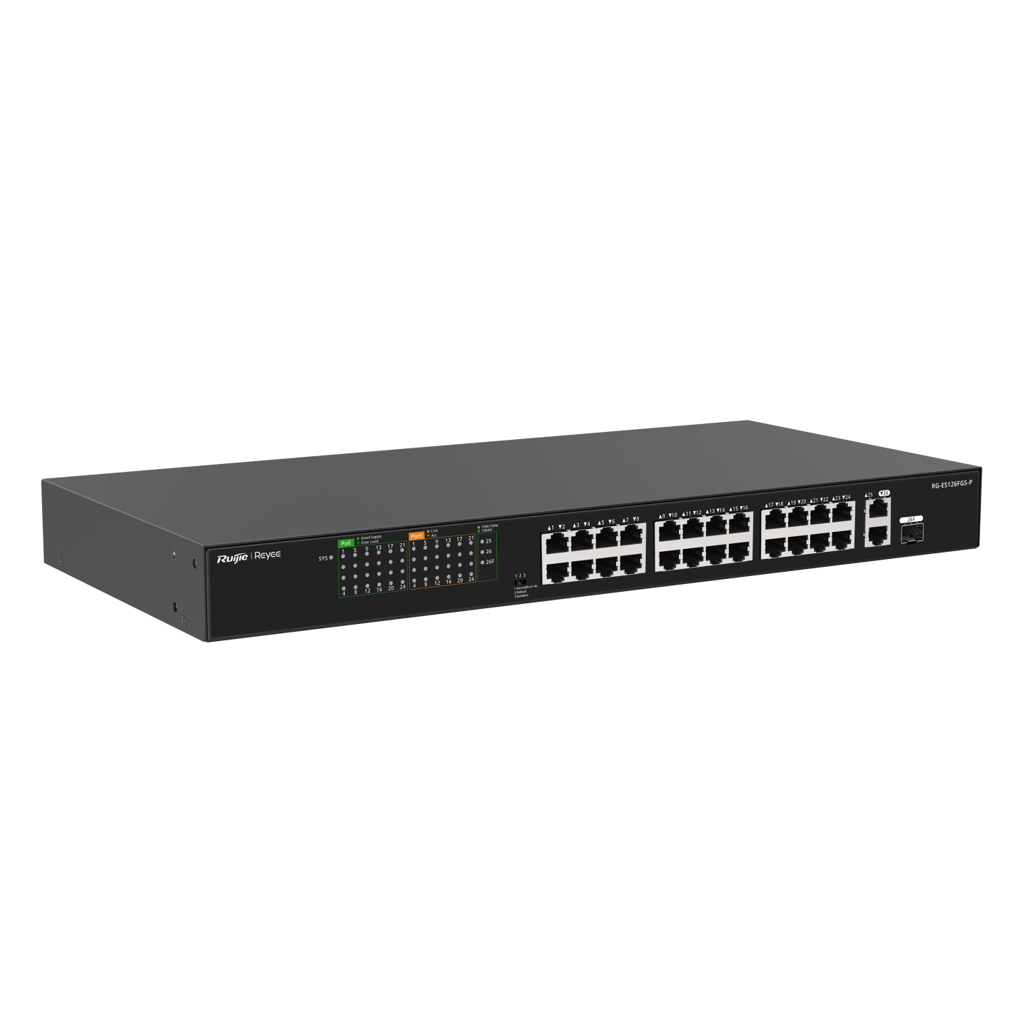 Ruijie Reyee RG-ES126FGS-P 26-Port Unmanaged PoE Switch | 24 PoE+ Ports | 2 Gigabit Uplink Ports | 1 SFP Combo Port | 370W PoE Budget