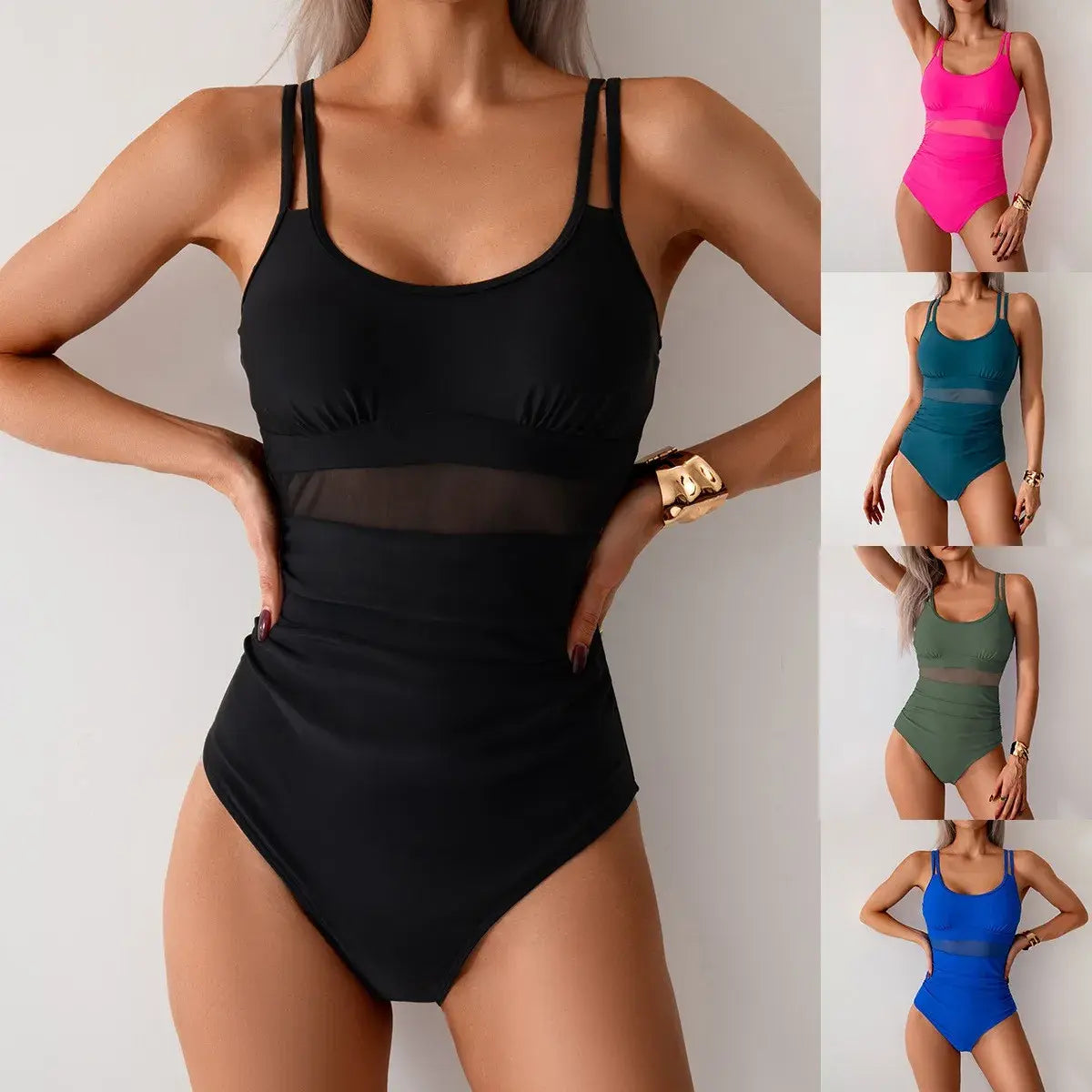 Ruched one-piece swimsuit in black with mesh panel; inset views show teal, green, blue