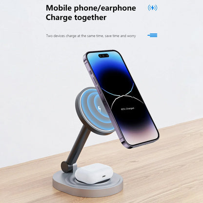 2-in-1 magnetic wireless charger stand holding a phone and earbuds, black