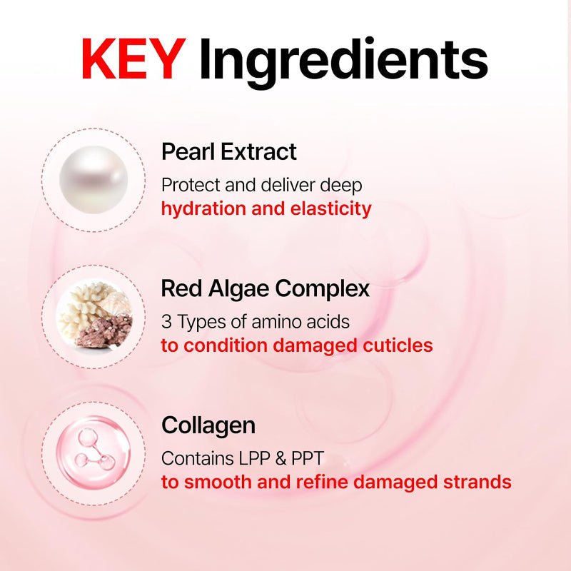 Pink shampoo bottle with white pump next to key ingredients graphic